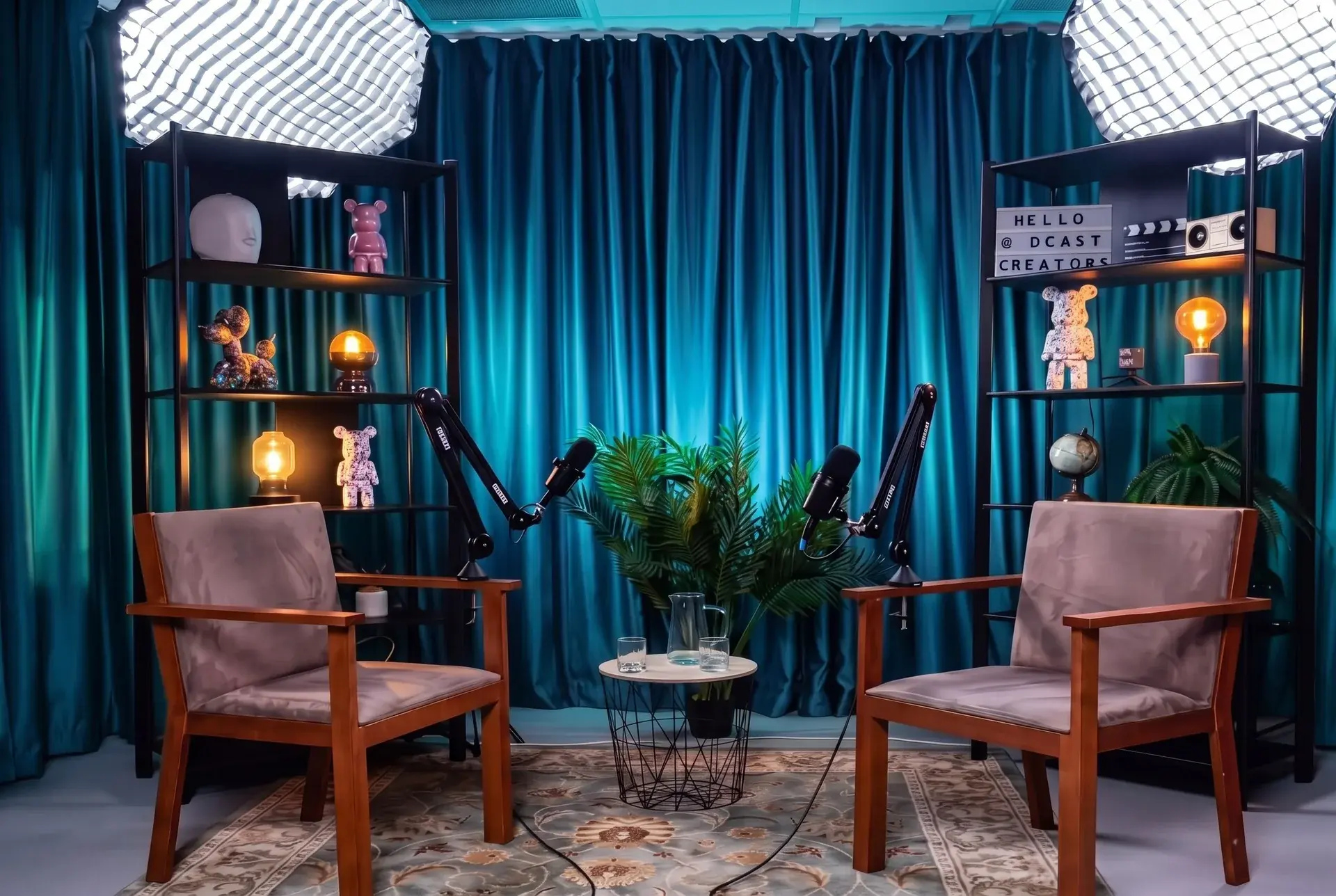 Two armchairs in Villo’s professionally lit podcast studio