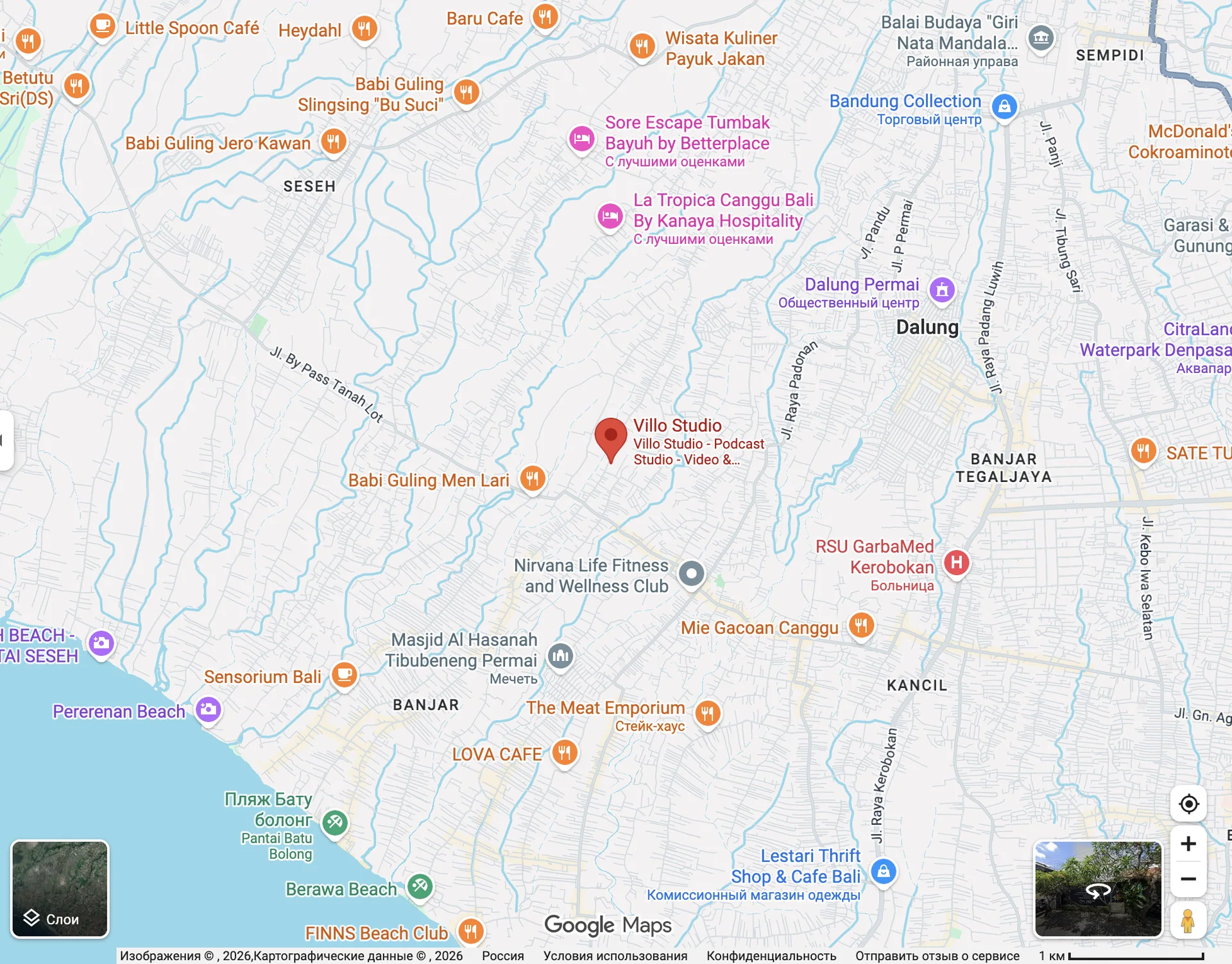 Map showing Villo Studio’s location in Canggu, Bali